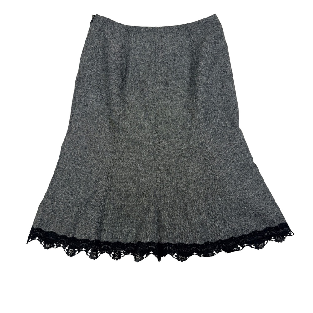 VTG Promod Grey Wool Blend Tweed A-Line Midi Skirt Lace Trim Whimisgoth Size 6‎